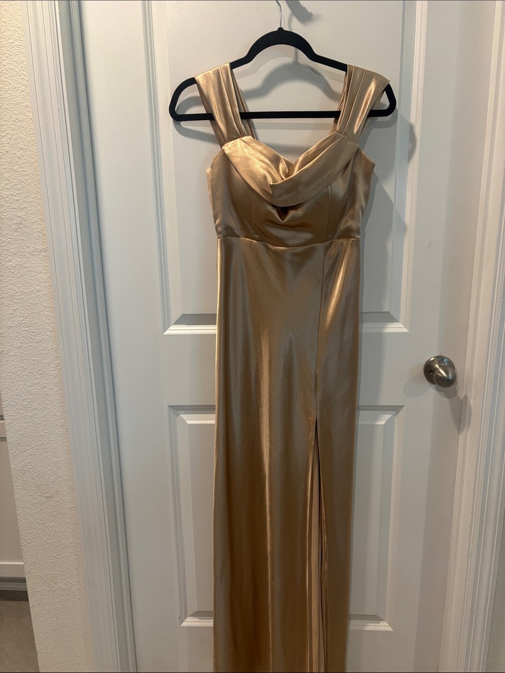 Birdy Grey Gold Satin Cowl Neck Maxi Dress with Slit